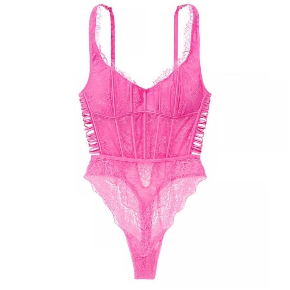 Victoria’s Secret Hot Pink Lace Corset Doll Core Coquette Bodysuit – Size M
